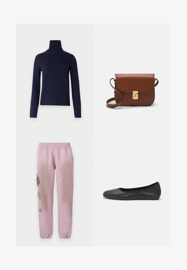 Tummansininen neulepusero, jossa on korkea ribbikaulus, kolme nappikoristetta kauluksessa ja teksturoitu ribbireuna.; Vaaleanpunaiset hikoiluhousut, joissa on joustava vyötärö, ja vasemmalla puolella koristeellisia timantinmuotoisia alueita, sekä joustavat hihnat nilkoissa.; Musta nahkainen ballerina, jossa on pyöristetty kärki, sileä pinta, minimaalinen ommelkoristelu ja joustava pohjamuotoilu.; Ruskea nahkainen käsilaukku, jossa on läppäkiinnitys, kultasävyiset yksityiskohdat, olkahihna ja sileä pinta. Kompaktin suorakaiteen muotoinen.