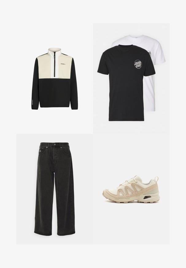 Zwart en crèmekleurige trui met een kwart ritssluiting en hoge kraag. Voorzien van een logo op de borst en elastische manchetten. Gemaakt van zachte stof, inclusief Polartec-merk.; Set van twee t-shirts: één zwart, één wit. Beide hebben korte mouwen en een circulair logo op de borst in contrasterende kleur. Gemaakt van katoen.; Obey Clothing BIGWIG BAGGY - Baggy jeans - black; Beige en crème sportschoen met een textuur-mesh bovenwerk, ondersteunende overlays en een rubberen zool met een profielpatroon voor grip.