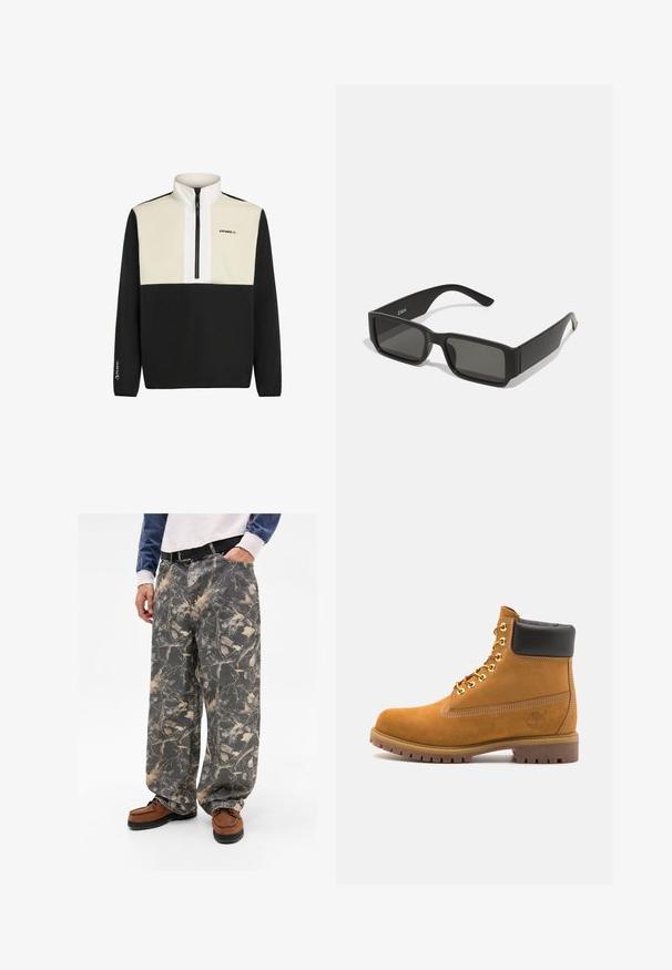 Zwart en crèmekleurige trui met een kwart ritssluiting en hoge kraag. Voorzien van een logo op de borst en elastische manchetten. Gemaakt van zachte stof, inclusief Polartec-merk.; Lossen grijze broek met een bladeren- en takkenpatroon, gemaakt van denim. Gecombineerd met bruine instappers, wat een casual outfit laat zien.; Tan suède enkelboot met zwart gevoerd kraagje, gouden metalen oogjes, witte stikdetails en een robuuste rubberen zool met uitgesproken profiel.; Zwarte zonnebril met rechthoekige lenzen, matte plastic montuur en rechte randen. Bevat het merkteken op de binnenarm.