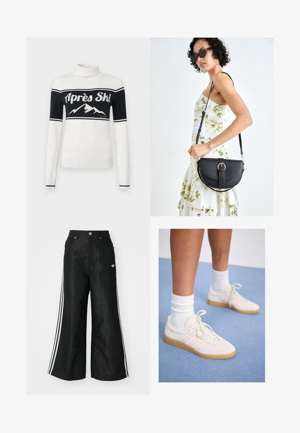 Maglione a dolcevita bianco con sezione superiore nera, scritta "Après Ski" e grafica di una montagna sul petto, polsini e orlo a coste.; Pantaloni in denim neri a gamba larga con tre strisce bianche su ciascun lato e un piccolo logo bianco. Presentano tasche frontali e chiusura con bottone.; Sneakers in suede bianco e rosa con tre strisce rosa, suola in gomma color marrone chiaro e calzini bianchi a coste. Posizionate su un tappeto blu.; Borsa a tracolla nera in pelle con una forma curva, manico rimovibile e accessori dorati. La borsa presenta una patta con un dettaglio a fibbia.