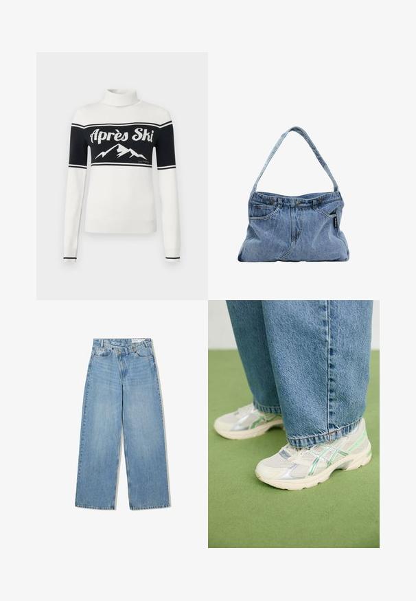 Vit polotröja med svart övre del, texten "Après Ski" och en bergsgrafik över bröstet, ribbade muddar och fåll.; Ljusblå vida jeans i denim, med hög midja, fem fickor, knappstängning och subtil blekning för textur.; Vita och silverfärgade nät-sneakers med gröna detaljer, som bärs med lösa blå jeans, står på en grön heltäckningsmatta.; Denimaxelväska med en böjd rem, två frampocket och en knäppt topp, med ljusblått tyg och kontrasterande sömdetaljer.