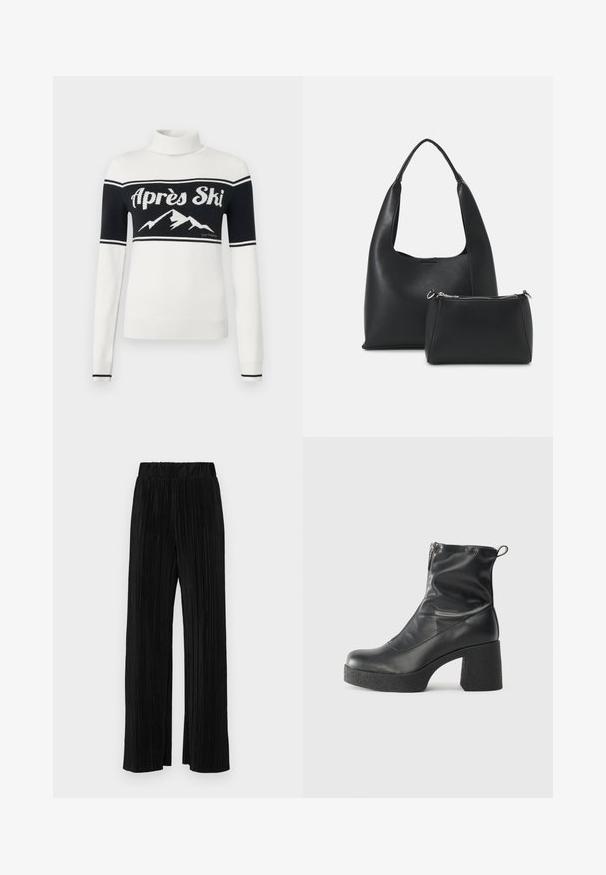 White turtleneck sweater with black upper section, "Après Ski" text, and mountain graphic across the chest, ribbed cuffs and hem.; Black pleated trousers with an elastic waistband. Features wide legs and a smooth, textured fabric with vertical stripes.; Black ankle boots made of smooth leather, featuring a side zipper, chunky textured heel, and rounded toe design.; Even&Odd Handbag - black