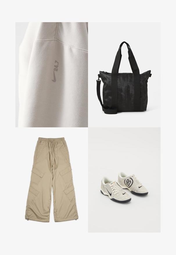 Svetlo siva kapuca izdelana iz mehkega materiala, s Nike logotipom in natisnjenim "24.7" v nekoliko temnejši senci. Gladka tekstura, minimalističen dizajn.; Bežne cargo hlače s pasom na vrvico, več stranskih žepov in sproščenim fit. Narejene iz lahke, gladke tkanine z detajli šivanja.; Nike superge z zgornjim delom v bež in sivi teksturi, črnimi detajli, velikim logotipom "90" in belim vezalnim zapiranjem. Črn podplat.; Črna torba z teksturirano tkanino, dualnima zgornjima ročajema in snemljivim naramnim trakom. Ima zadrgo za varno shranjevanje.