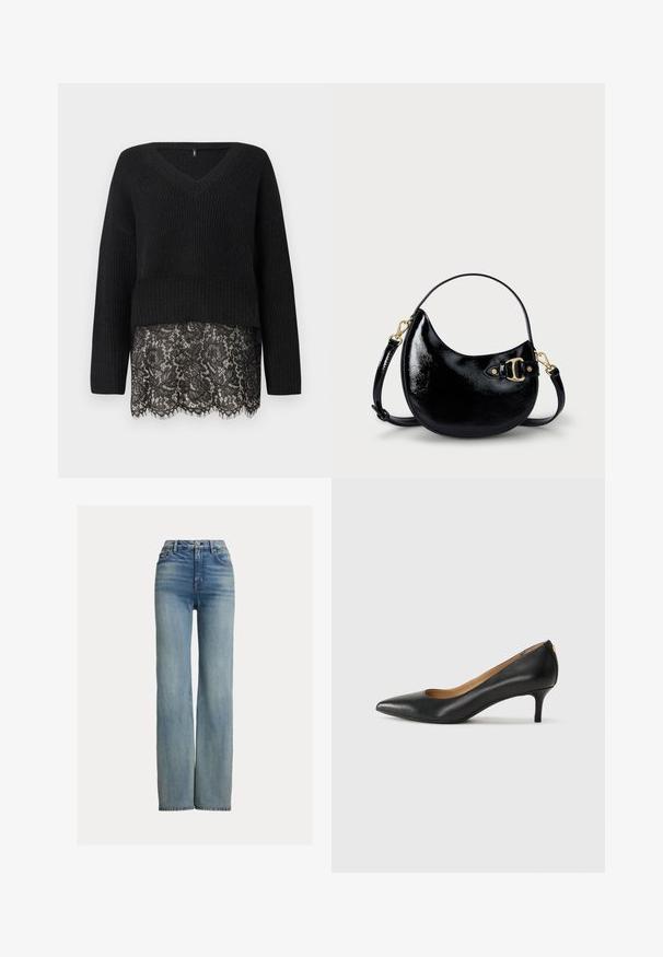 Musta koordineeritud sviiter, millel on V-kaelus, pikad varrukad ja sakiline pitsäär. Tekstuuriga kangas kontrastib sujuva pitsiga all.; Kõrge vöökohaga sirged sinised teksad, millel on ees taskud, vöörihmade augud ja nupuga kinnitamine, ning peened pleekinud detailid.; Must musta musta, millel on terav nina, madal konts ja sile tekstuur. Omab pisut avatud osa ees ja minimaalset riistvara taga.; Must musta nahk käekott kumerate joontega, reguleeritava rihmaga ja kuldse tooniga detailidega küljel. Sile, särav tekstuur.
