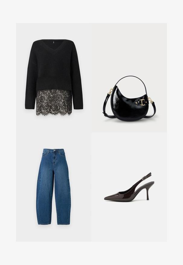 Crni pleteni pulover s V-izrezom, s dugim rukavima i valovitim čipkastim rubom. Teksturirani materijal kontrastira s glatkom čipkom ispod.; Traperice u srednjem plavom pranju, s visokim strukom, širokim nogavicama i standardnim dizajnom s pet džepova, s vidljivim detaljima šivanja.; Sandalice na visokom potpetici od sjajnog tamnosmeđeg lakiranog kože, s oštrim vrhom, otvorenim stranama i podesivom naramenicom.; Crna torbica od lakirane kože s zakrivljenim oblikom, podesivim remenom i detaljem od zlatnog metala sa strane. Glatka, sjajna tekstura.