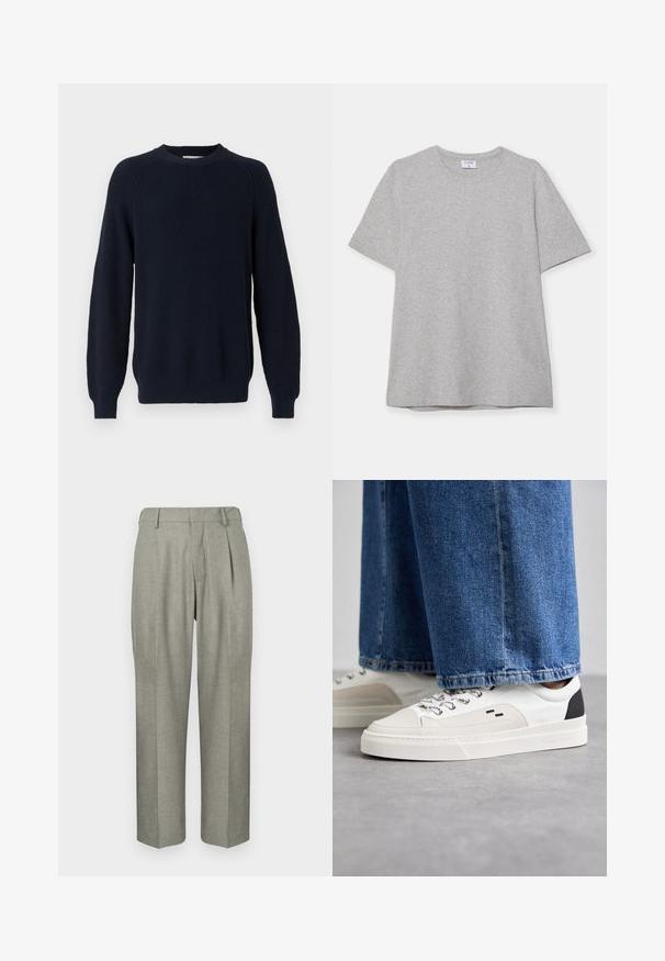 Merinovillasta neulottu tummansininen sekoitepaita, jossa on teksturoidut yksityiskohdat, pyöreä pääntie ja pitkät hihat. Hihassa ja helman reunassa on ribbineulosta.; Harmaa lyhythihainen T-paita, joka on valmistettu pehmeästä ja teksturoidusta kankaasta. Varustettu klassisella pyöreällä pääntiellä ja suoraselkäisellä helman kanssa, sopii rentoon pukeutumiseen.; Harmaat housut tekstuurilla. Ominaisuuksina suora lahjesuunnittelu, laskokset edessä ja litteä vyötärö.; Valkoiset ja mustat tennarit, joissa on sileä nahkapäällinen, tekstuuriakcentit ja paksu valkoinen pohja. Varustettu klassisella nauhakiinnityksellä.