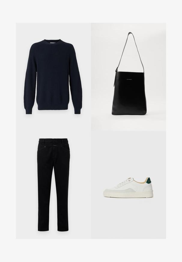 Navy knitted sweater with a textured design, round neckline, and long sleeves, featuring ribbed cuffs and hem.; Black denim pants with a straight-leg design, featuring a button closure, five-pocket styling, and a smooth texture.; White sneaker with suede accents, rounded toe, flat laces, and a cream rubber sole. Features green branding on the heel.; Black leather shoulder bag with a smooth texture, rectangular shape, and a long strap; features a small white logo at the center.