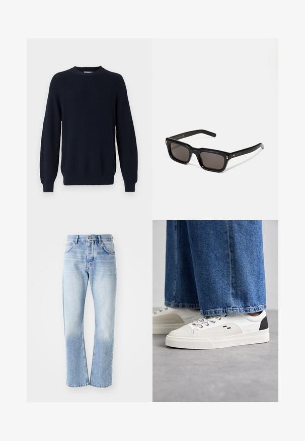Marinefarbener Strickpullover mit strukturiertem Design, Rundhalsausschnitt und langenÄrmeln, mit gerippten Bündchen und Saum.; Helle blaue Jeans mit geradem Schnitt. Verfügt über ein Fünf-Taschen-Design, einen Knopfverschluss und eine ausgewaschene Textur zum unteren Bereich hin.; Weiße und schwarze Sneaker mit einem Obermaterial aus glattem Leder, strukturierten Akzenten und einer massiven weißen Sohle. Verfügt über ein klassisches Schnürdesign.; Schwarze rechteckige Sonnenbrille mit dunklen Gläsern, dickem Kunststoffrahmen, goldenen Akzenten an den Bügeln und eingraviertem Markenlogo am Arm.