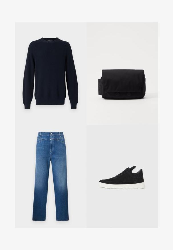 Marinefarbener Strickpullover mit strukturiertem Design, Rundhalsausschnitt und langenÄrmeln, mit gerippten Bündchen und Saum.; Blaue Denim-Jeans mit geradem Bein, ausgestattet mit einem Knopfverschluss, Gürtelschlaufen und dezenten Ausbleichungen an den Oberschenkeln.; Schwarze Wildleder-Sneaker mit einer weißen Gummisohle, die sich durch elegante Nähte und ein schnürbares Design auszeichnen. Glatte Textur mit einer modernen, stromlinienförmigen Form.; Schwarze Umhängetasche aus strukturiertem Stoff. Verfügt über einen Klappenverschluss mit zwei runden Knöpfen, ein Reißverschlussfach und ein Etikett mit dem Markennamen.