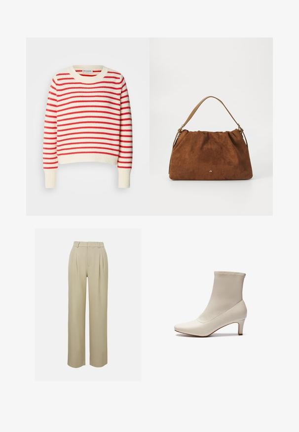 Gestreifter Pullover in Rot und Creme, aus strukturiertem Strickstoff gefertigt, mit Rundhalsausschnitt und gerippten Bündchen.; Beige weit geschnittene Hose aus glattem Stoff, mit vorderer Bügelfalte, tailliertem Bund und seitlichen Taschen. Saubere Saumverarbeitung.; Weiße Knöchelstiefel aus glattem Leder mit spitzem Zehenbereich und einem kurzen, schmalen Absatz. Verfügt über ein minimalistisches Design und ein nahtloses Obermaterial.; Braune Wildlederhandtasche mit einem gerafften Design, ausgestattet mit einem einzelnen hellbraunen Ledertragegurt und einem subtilen goldenen Logo-Detail auf der Vorderseite.