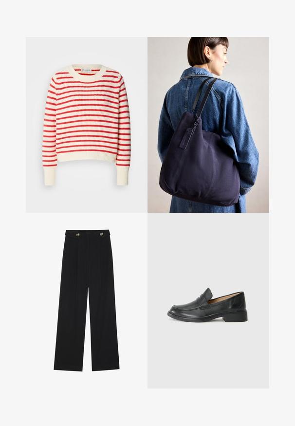 Gestreepte trui in rood en crème, gemaakt van textuur gebreid stof met een ronde halslijn en ribgebreide manchetten.; Zwarte wijde broek met hoge taille, knoopdetails op de tailleband en plooien aan de voorkant.; Zwarte leren instapper met een lage hak, met een gestikt ontwerp en slip-on stijl, tegen een effen witte achtergrond.; Marine canvas schoudertas met een zachte, gestructureerde vorm, voorzien van een zwarte strap, gestikte details en een klein merketiket.