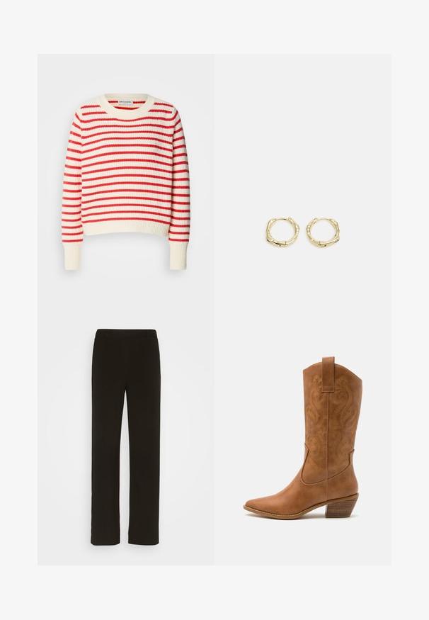 Raibais džemperis ar sarkaniem un krēmkrāsas svītrām, izgatavots no teksturēta dzijas materiāla, ar apaļu kakla izgriezumu un ribotām aprocēm.; Melni taisni bikses, izgatavotas no austas auduma, ar gludu priekšpusi, divām sānu kabatām un gludu tekstūru. Nav redzamu rakstu vai akcentu.; Brūni ādas kovboju zābaks ar norādītu purngalu, izšūtām viļņveida apakšējo detaļu un sakrautajiem blokiem. Iezīmēts ar velkšanas cilpu ērtai uzvilkšanai.; Zelta riņķveida auskari ar tekstūru un neregulāru formu. Iekļauj bezšuvju aizdari un pulētu virsmas apdari, uzsverot mūsdienīgu dizainu.