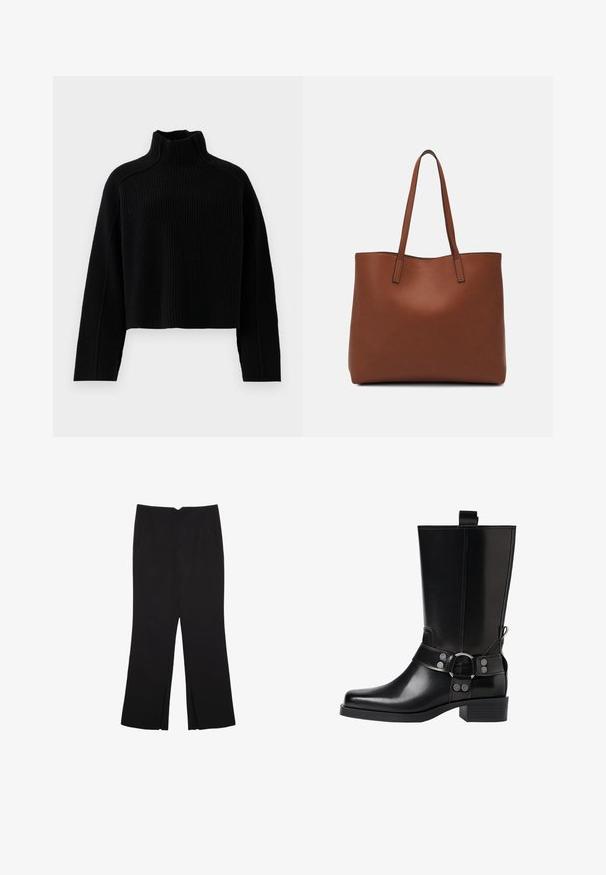 Črn rebrasti pleteni pulover z visokim ovratnikom in krajšo zasnovo, opremljen z dolgimi rokavi in teksturirano površino.; Črne hlače ravnega kroja z naglavnimi žepi in stranskimi razporki na robu. Narejene iz mehke, gladke tkanine. Primerne za različne priložnosti.; Črne usnjene škornje do kolen s koničastim nosom, srebrnimi zaponkami in debelim peto. Imajo zanko za enostavno obuvanje.; Rjava usnjena torba z gladko teksturo, odprto zasnovo zgoraj in dvema naramnima trakovoma. Opremljena je z minimalnim šivanjem in brez vidnih kovinskih delov.
