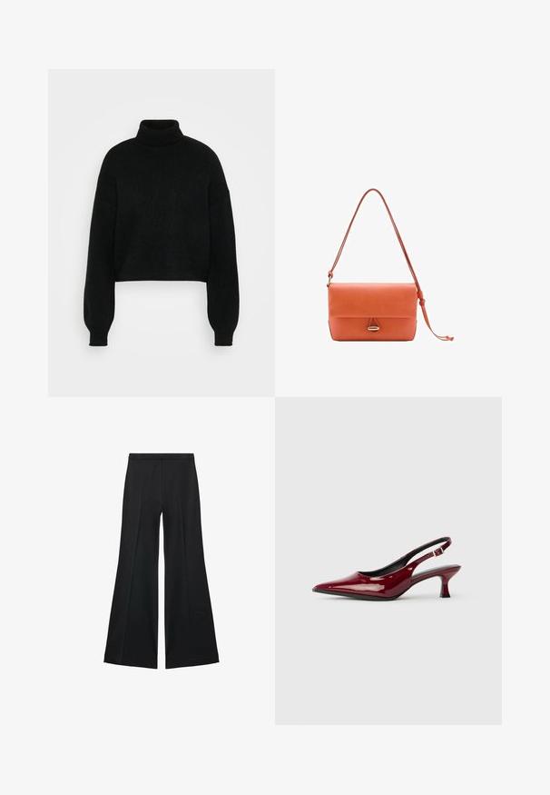 Black cropped sweater with a high turtleneck, ribbed texture, and wide sleeves. Made of soft knit material. Simple design without patterns.; Black wide-leg pants with a smooth texture, featuring front pleats and a tailored design. The fabric is lightweight and flowy.; Burgundy patent leather slingback heels with a pointed toe and a sleek stiletto heel. Open back design with adjustable ankle strap detail.; Coral leather handbag with a flap closure, adjustable shoulder strap, and a silver-tone hardware accent at the center. Smooth texture.