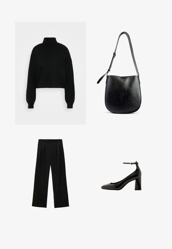 Crni skraćeni džemper s visokim rolkragnom, rebrastom teksturom i širokim rukavima. Napravljen od mekog pletenog materijala. Jednostavan dizajn bez uzoraka.; Crne široke hlače s plisama, s glatkom teksturom i visokim strukom. Minimalistički stil, bez vidljivih metalnih dijelova ili ukrasa.; Crne lakirane cipele s remenom oko gležnja i sjajnom završnom obradom, s šiljastim vrhom i debelim blok-potpeticom. Glatka tekstura, minimalno detalja.; Crna kožna torbica s glatkom teksturom, zakrivljenim oblikom, podesivim remenom i suptilno urezanom logotipom na prednjoj strani.
