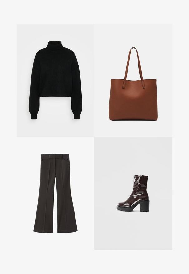 Czarny krótki sweter z wysokim golfem, o prążkowanej fakturze i szerokich rękawach. Wykonany z miękkiego materiału dzianinowego. Prosty fason bez wzorów.; Czarne spodnie z szerokimi nogawkami i wysokim stanem; posiadają dwie przednie kieszenie oraz gładką teksturę materiału. Idealne na różne okazje.; Błyszczące bordowe botki za kostkę z masywną czarną obcasem, charakteryzujące się gładką teksturą i prostym wzornictwem. Brak widocznych zapięć lub wzorów.; Brązowa skórzana torba tote o gładkiej fakturze, z otwartym wierzchem i dwoma ramiączkami. Charakteryzuje się minimalnym przeszyciem i brakiem widocznych elementów metalowych.