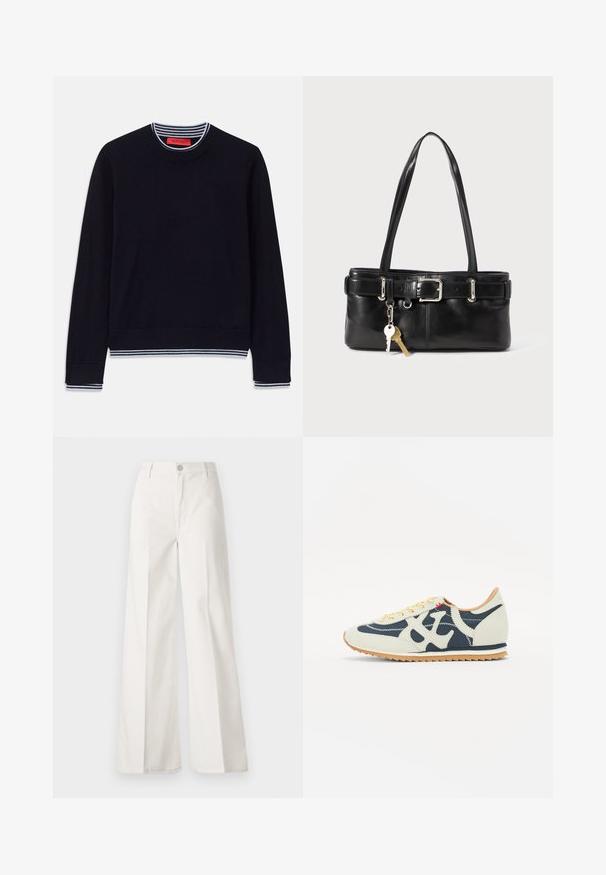 Pulover bleumarin cu un decolteu rotund clasic, cu manșete și tiv cu model în dungi. Fabricat dintr-un material moale, cu o textură netedă.; Pantaloni albi cu picioare largi, confecționați din bumbac cu o textură fină. Prezintă un buton în față, fermoar și un design cu patru buzunare.; Sneaker cu un amestec de materiale crem, bleumarin și suede, design cu șireturi, cusături diagonale și talpă din cauciuc cu tracțiune.; Geantă tote din piele neagră cu două bretele pentru umăr, detalii cu catarame și un breloc atașat. Textură netedă, design structurat.