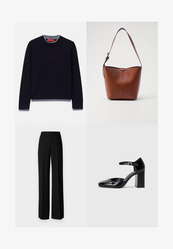 Tumedat sinise värviga kampsun klassikalise ümmarguse kaeluse, triibuliste soonikiga mansettide ja äärega. Valmistatud pehmest kangast, millel on sile tekstuur.; Mustad laiad püksid mustas värvitoonis, sujuva tekstuuri ja kõrge vöökoha ning keskmiste voldikutega. Ilma nähtavate mustrite või tarvikute detailideta.; Mustad lakknahk kingad kõrge kontsaga, ruudukujulise varbaga, pahkluu rihmaga ja paksu kontsaga. Sisaldab perforatsioonidega detaile ääres.; Pruun nahast õlakott, millel on kaarjas kuju, sile tekstuur ja üks õhuke rihm. Omab peent õmblust ja väikest logo detaili.