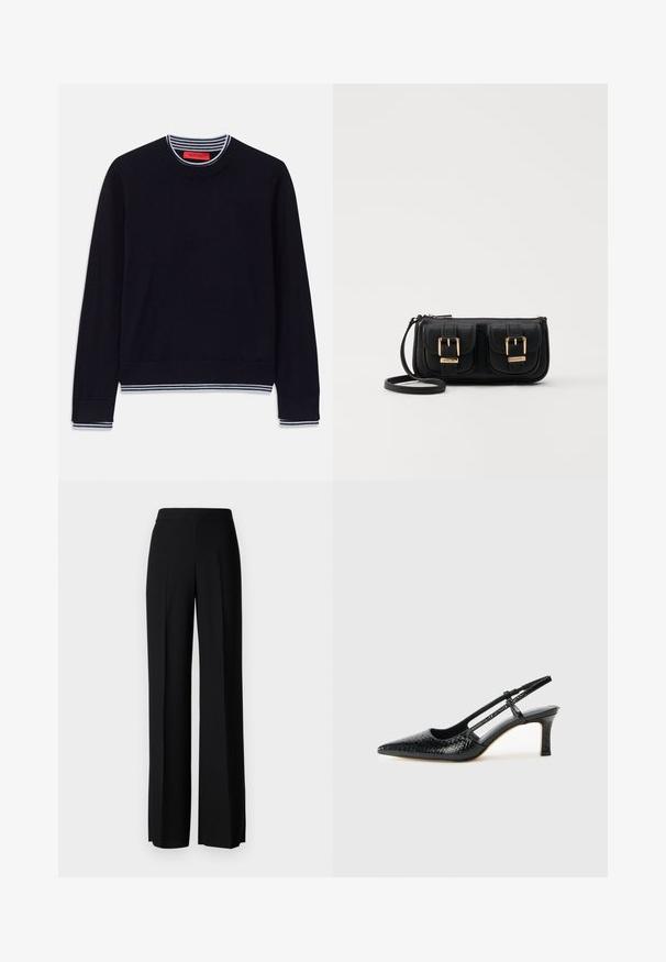 Marineblå genser med klassisk rund hals, stripete ribbede mansjetter og nederkant. Laget av mykt stoff med en glatt tekstur.; Sorte vidde bukser med en glatt tekstur, med høy midje og sentrale folder. Ingen synlige mønstre eller maskinvaredetaljer.; Sorte patent slingback hæl med spids tå, featuring tekstureret slangeskind, justerbar rem og en kort, tekstureret blokhæl.; Svart skinn crossbody veske med to frontlommer, gyldne spenner, glidelåslukking og en slank stropp. Teksturert overflate og kompakt rektangulær form.
