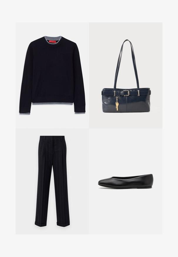 Navy blue sweater with a classic round neckline, striped ribbed cuffs, and hem. Made from soft fabric with a smooth texture.; Black pinstriped trousers with a tailored fit, featuring a cuffed hem and front pleats. Made of smooth fabric with a structured design.; Paul Smith TOPANGA - Ballet pumps - black; Navy leather handbag with two long handles, a buckle detail, and a keychain attached. Features a smooth texture and a rectangular shape.