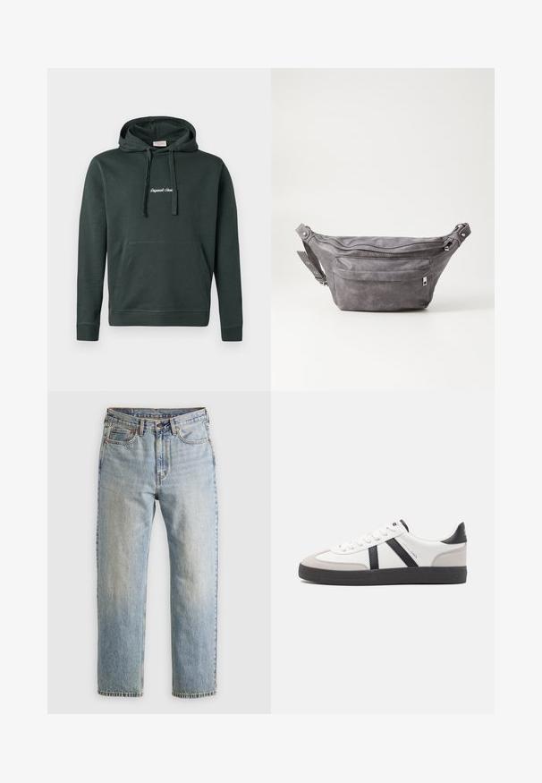 Tmavozelená mikina vyrobená z bavlnenej zmesi, s prednou kapsou a šnúrkami. Obsahuje biele vyšívané texty na hrudi.; Svetlomodré džínsy s vysokým pásom, predným gombíkom, zipsom a dizajnom s piatimi vreckami, rozložené na neutrálnom pozadí.; Biele tenisky s čiernymi a šedými akcentmi, s textúrovanou šedou špičkou, čiernou gumovou podrážkou a plochými bielymi šnúrkami. Čistý dizajn, minimalistický štýl.; Sivá semišová ľadvinka s okrúhlym tvarom, dvoma zipsovými priehradkami a nastaviteľným popruhom. Obsahuje kovové prvky.