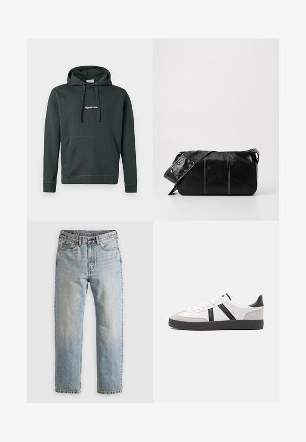 Donkergroen hoodie van katoenmix, met een voorzak en koordjes. Bevat witte geborduurde tekst op de borst.; Lichtblauwe denim jeans met hoge taille, frontknop, rits en vijfzakkenontwerp, plat gelegd op een neutrale achtergrond.; Witte sneaker met zwarte en grijze accenten, voorzien van een grijze neus met textuur, zwarte rubberen zool en platte witte veters. Schoon ontwerp, minimalistische stijl.; Zwarte leren schoudertas met een ritsluiting, voorzien van een gestructureerd lichaam, witte stiksels en een band met zilveren oogjes.