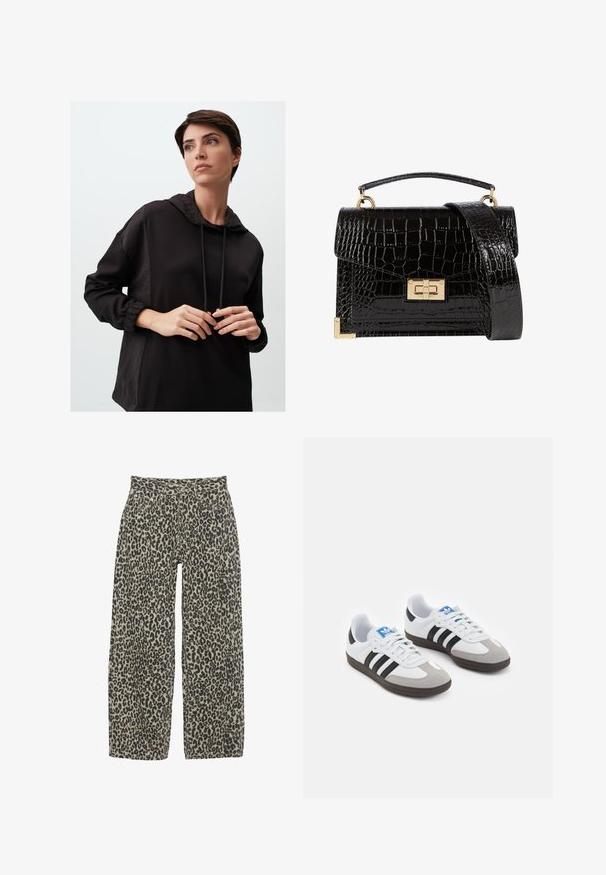 Sweatshirt à capuche noir à manches longues, présentant un tissu texturé sur la partie supérieure, des accents de cordons de serrage et des poignets élastiques.; Pantalons à jambes larges en imprimé léopard dans une palette de couleurs beige neutre et noir. Caractéristiques : taille haute, cinq poches et fermeture à bouton.; Baskets avec une tige en cuir blanc, un bout en daim gris et trois bandes noires. Présente un logo bleu sur la languette et une semelle en caoutchouc texturée.; Sac à main en cuir verni noir avec une texture crocodile, quincaillerie dorée, une poignée supérieure et une bandoulière amovible. Forme rectangulaire avec une fermeture à rabat.