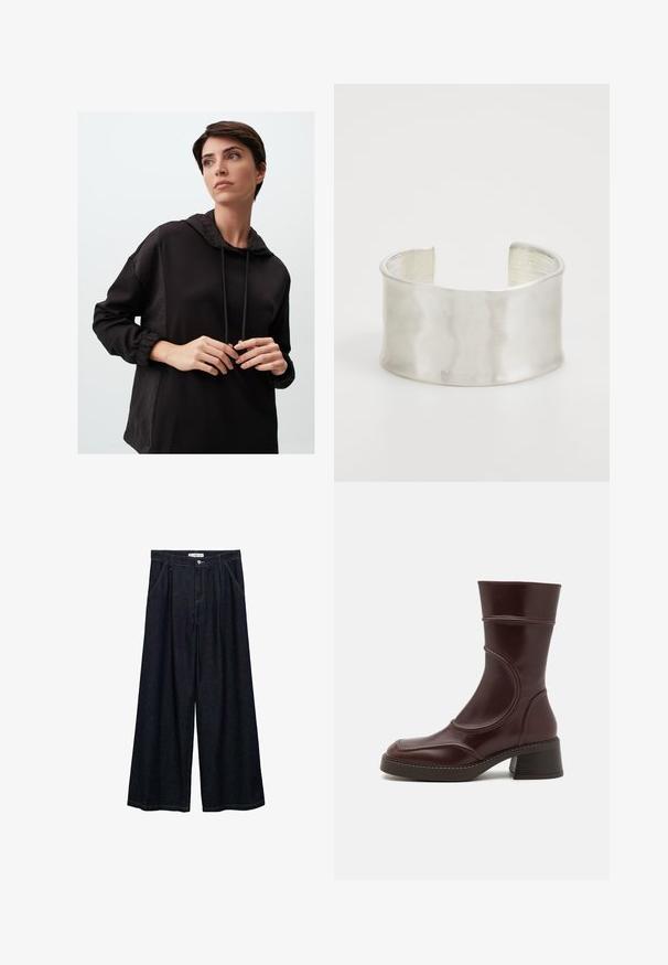 Sweatshirt à capuche noir à manches longues, présentant un tissu texturé sur la partie supérieure, des accents de cordons de serrage et des poignets élastiques.; Pantalons larges en denim foncé avec taille haute, présentant une fermeture à bouton à l'avant, deux poches latérales et des détails de couture.; MIISTA MALENE - Bottines - brown; Zign Bracelet - silver-coloured