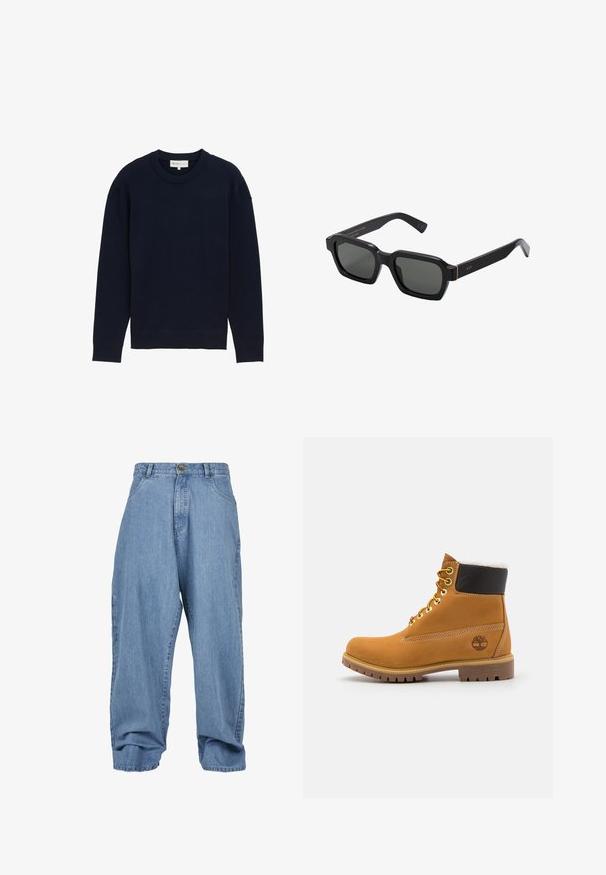 Maglione a maniche lunghe di colore blu navy, con scollatura a girocollo ribattuta e polsini, esposto su uno sfondo bianco semplice.; Pantaloni in denim azzurro chiaro con vestibilità ampia, chiusura con bottone, tasche frontali e orlo risvoltato, dotati di un classico design a cinque tasche.; Stivale alla caviglia in pelle marrone con occhielli metallici, fodera in pelliccia bianca, colletto imbottito nero, suola robusta e logo impresso sul lato.; Occhiali da sole neri, di forma quadrata, con lenti grigie. Le montature in plastica spessa presentano dettagli dorati e branding sulla tempia. Texture liscia.