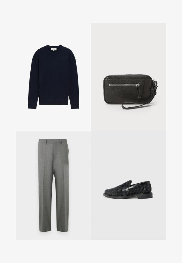 Suéter de punto de manga larga en azul marino con cuello redondo acanalado y puños, exhibido sobre un fondo blanco liso.; Pantalones de vestir grises hechos de tela texturizada, con diseño de pierna recta y frente plano, con trabillas para cinturón y sin bolsillos visibles.; Zapato negro de tejido con un acento de cuero suave en la parte superior, diseño de punta redonda y suela de goma de perfil bajo.; Clutch de cuero negro con superficie texturizada, bolsillo delantero con cremallera y correa de muñeca desmontable. Presenta una etiqueta de logo en el frontal. Forma rectangular.