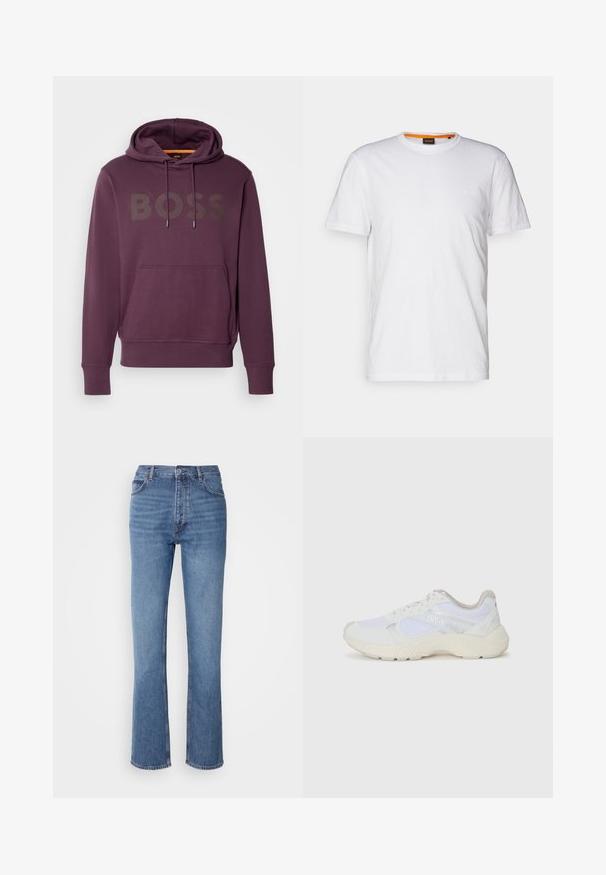 Lila kapucnis pulóver elülső zsebbel, húzózsinóros kapucnival, és nagybetűkkel a "BOSS" felirattal a mellkason. Lágy textúrájú anyag.; Fehér pamut póló kerek nyakkivágással, rövid ujjakkal, és finoman domborított logóval a mellkason. A belső címke narancssárga akcentussal rendelkezik.; Kék farmernadrág magas derékkal, egyenes szabású dizájnnal és enyhe kopással. Jellemzője az klasszikus öt zsebes kialakítás és cipzáras zárás.; Fehér sportcipők, amelyek hálós és velúr anyagból készültek, texturált középtalppal, texturált részletekkel és a "HUGO" logóval az oldalon.