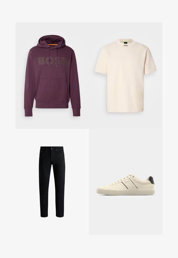 Purple hoodie with a front pocket, drawstring hood, and "BOSS" printed in large letters across the chest. Soft fabric texture.; Cream-colored short-sleeve T-shirt with a high collar, featuring "BOSS" printed in black on the front neck and inside label.; Black slim-fit jeans with five pockets, button closure, and belt loops, displayed against a white background.; Cream-colored sneakers with a smooth texture, featuring black accents and branding. Classic lace-up design with a round toe and rubber sole.