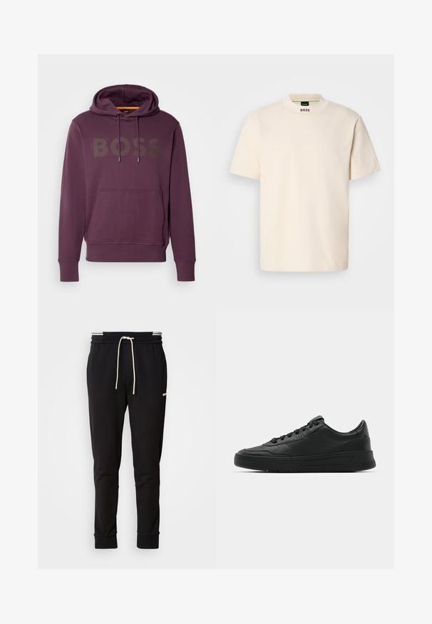 Sweatshirt roxa com bolso frontal, capuz com cordão e "BOSS" impresso em letras grandes no peito. Tecido macio.; T-shirt de manga curta na cor creme com colarinho alto, apresentando "BOSS" impresso a negro na parte frontal do pescoço e na etiqueta interior.; Calças de jogging slim-fit pretas com cordão branco, punhos canelados e um logótipo subtil na parte superior da coxa, contra um fundo simples.; Sapatilha preta com parte superior em couro liso, bico arredondado, cadarços planos, colarinho almofadado e design minimalista. Sola de borracha com padrão de tração discreto.