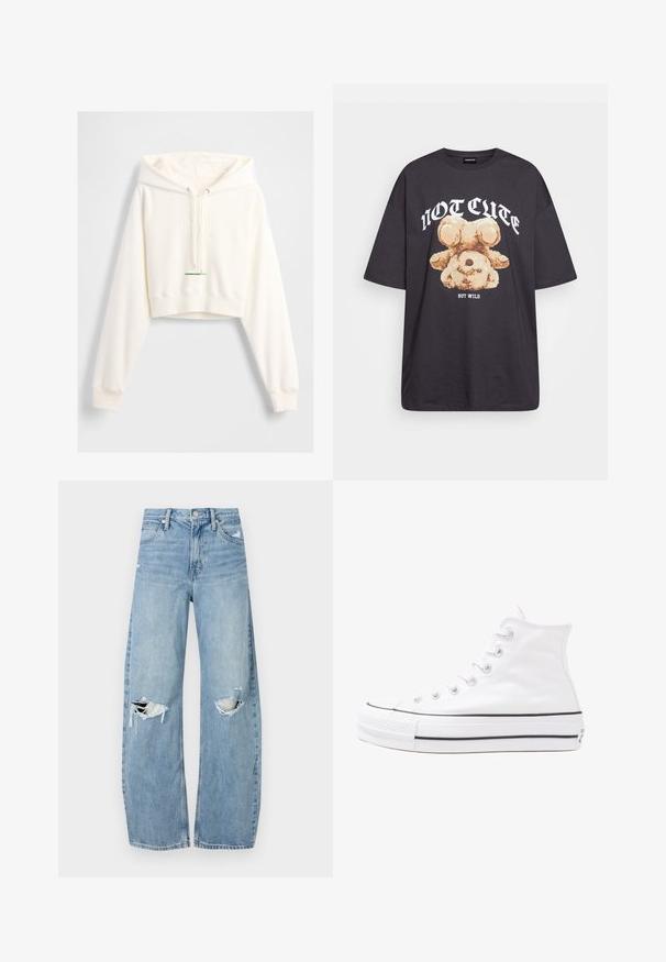 Witte cropped hoodie met capuchon met trekkoord, geperst "GAP"-logo, geribbelde manchetten en een groene accentenlabel aan de zoom. Zachte, gladde textuur.; Zwart oversized t-shirt met een afbeelding van een beer en de tekst "NIET SCHATTIG, MAAR WILD" in grote, witte letters. Gemaakt van katoen.; Lichtblauwe, hooggeritste jeans van denim. Beschikken over wijde pijpen, twee gescheurde knievalken en klassieke vijfzakken styling.; Witte high-top canvas sneakers met een zwarte rubberen zool, een rubberen neuskap aan de voorkant en zes gaatjes voor veters, met een schone, minimalistische uitstraling.