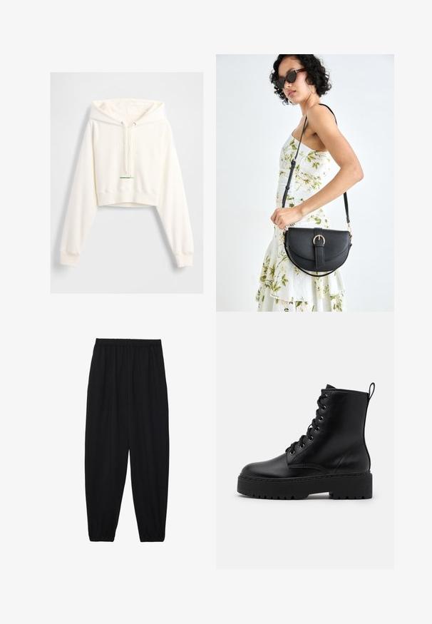 Zkrácená bílá mikina s kapucí na šňůrku, vyraženým logem "GAP", žebrovanými manžetami a zelenou ozdobnou cedulkou na lemu. Měkká, hladká textura.; Černé, lehké kalhoty s elastickým pasem a nařasenými kotníky. Tkanina je hladká a má uvolněný, zúžený design.; Černá kožená kotníková bota s tlustou, texturovanou podrážkou, kulatou špičkou a kovovými oky na šňůrky. Na zadní straně má poutko.; Černá kožená kabelka s křivkovým tvarem, odnímatelným popruhem a zlatými detaily. Kabelka má klopu s přezkou.