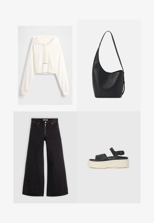 Lühendatud valge kapuutsiga dressipluus, millel on nööriga kapuuts, reljeefne "GAP" logo, soonilised varrukasäärised ja rohelise aktsendiga silt ääres. Pehme ja sile tekstuur.; Laiad teksad mustast denimist, millel on lukuga eesmine osa, viie taskuga disain ja peened õmblusdetailid. Sile tekstuur ja juhuslik stiil.; Mustad musta sametist platvormsandaalid, millel on paks valge tald, lai esirihm ja reguleeritav pahkluu nööpe. Tekstureeritud tallad haardevad.; Mustast nahast hobo kott, millel on sile tekstuur, kumer kuju ja üks reguleeritav rihm; peal on lai avaus.