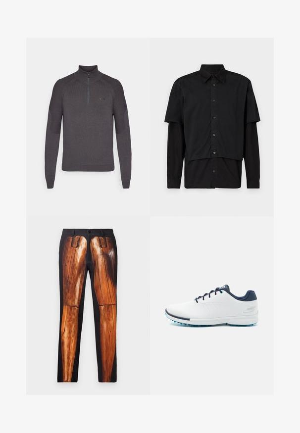 Dunkelgrauer Strickpullover mit Halbzip-Kragen, gerippten Bündchen und strukturierten Akzenten an den Schultern, mit einem dezenten Logo auf der Brust.; Schwarzes Hemd mit durchgehendem Knopfverschluss und geschichteten kurzen und langen Ärmeln. Aus Baumwolle gefertigt, mit klassischem Kragen und dezentem Logo-Detail auf der Schulter.; Schwarze Hose mit grafischem Druck von Holzbeinen, mit glatter Textur und kontrastierendem glänzenden Finish auf einem matten Hintergrund.; Weiße Sportschuhe mit einem glatten synthetischen Obermaterial, blauen Akzenten, strukturiertem marineblauen Absatz und einer leichten, genoppten Sohle für besseren Halt.