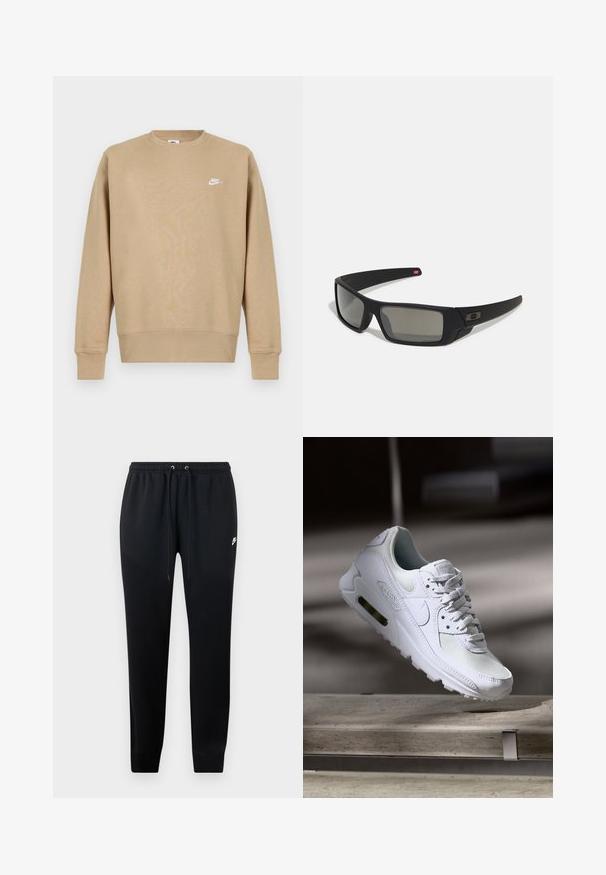 Sweatshirt Nike bege com decote redondo, mangas longas e um logo branco no peito. O tecido parece suave e tem uma textura lisa.; Calças de moletom pretas feitas de um tecido macio, com uma cintura elástica e cordões, punhos nas pernas e um pequeno detalhe do logo de lado.; Sapatilha Nike Air Max 90 branca com parte superior em malha e couro, caixa de dedos perfurada e uma unidade de ar visível no calcanhar.; Óculos de sol pretos com acabamento mate, lentes retangulares, leve curvatura nas hastes, detalhe sutil do logo e lentes de cor fumada.