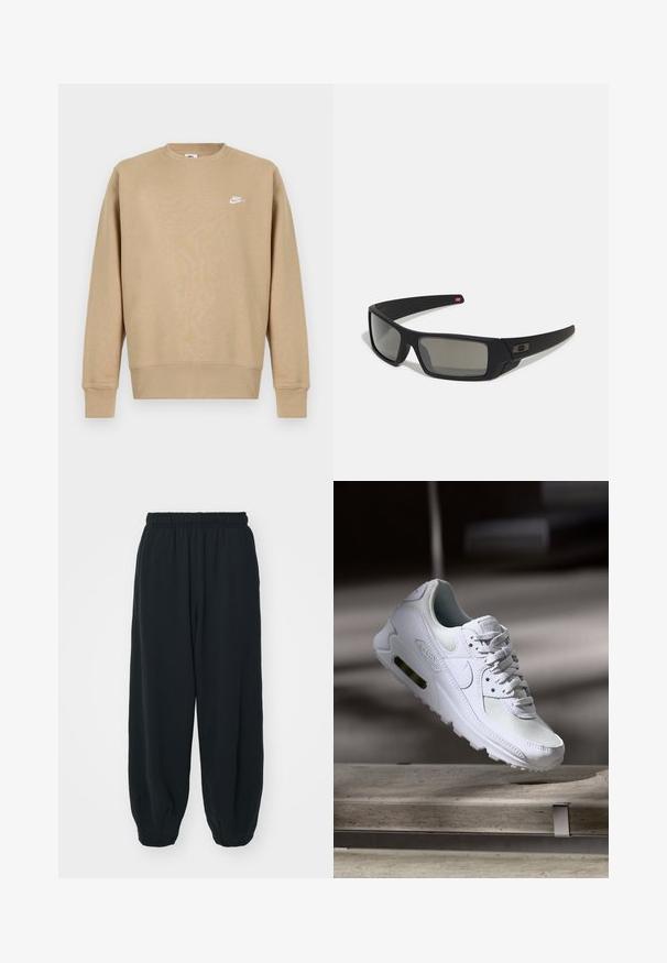 Beige Nike sweatshirt med rund hals, lange ermer og hvitt logo på brystet. Stoffet ser mykt ut med en jevn tekstur.; Sorte, joggebukser med elastisk liv, løs passform, mansjetter på ankler, glatt tekstur og uten synlige mønstre eller hardware-detaljer.; Hvit Nike Air Max 90 sneakers med øvre del laget av mesh og skinn, perforert tåboks og en synlig luftenhet i hælen.; Sorte solbriller med mat finish, rektangulære linser, lett kurv på brillestengene, diskret logo detaljer, og røyktinted linser.