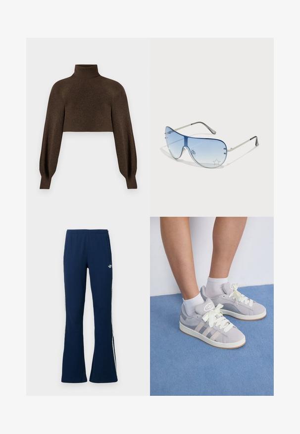 Ruda apkarpa turtlenecko megztinis, turintis briaunotą tekstūrą ir apimtis rankoves, pagamintas iš minkštos, šiltos medžiagos.; Tamsiai mėlynos spalvos siūluotos platėjančios sportinės kelnės su baltomis juostelėmis šonuose ir siuvinėta logotipu kairėje pusėje, turi dvi šonines kišenes.; Pilki zomšiniai sportbačiai su baltais raišteliais ir guminiais padais, puikuojantys trimis įstrižainėmis juostelėmis šone ir logotipo etikete ant liežuvio.; Aviatoriai akiniai su gradientiniais mėlynais objektyvais, sidabriniu metaliniu rėmu ir dekoratyvinėmis žvaigždžių akcentais ant objektyvų. Lygaus ir stilingo dizaino.