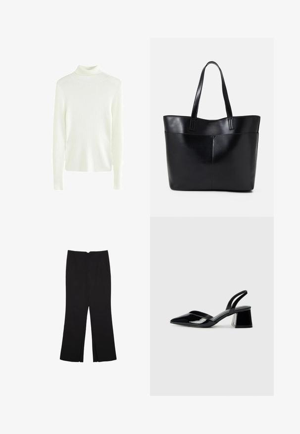 White, ribbed turtleneck sweater with long sleeves and a fitted silhouette. Soft texture and minimal design, suitable for layering.; Black trousers with a straight fit, featuring front pockets and side slits at the hem. Made of soft, smooth fabric. Suitable for various occasions.; Black patent leather slingback heels with a pointed toe and a geometric block heel. Features a sleek, minimal design and smooth texture.; Black leather tote bag with two long handles, a smooth texture, and a structured shape. Features a front pocket for additional storage.