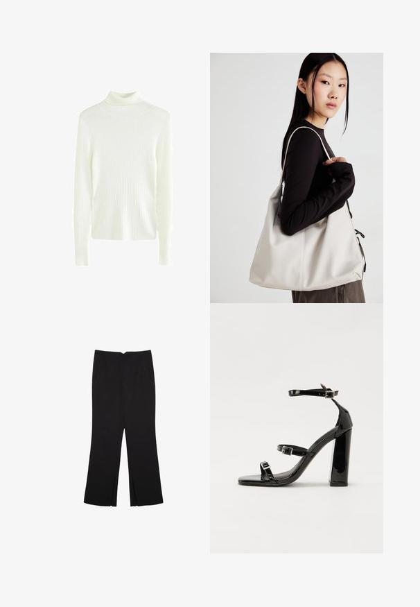 White, ribbed turtleneck sweater with long sleeves and a fitted silhouette. Soft texture and minimal design, suitable for layering.; Black trousers with a straight fit, featuring front pockets and side slits at the hem. Made of soft, smooth fabric. Suitable for various occasions.; Black patent heeled sandals with a square toe, ankle straps, and silver buckles. Features a chunky block heel for stability.; Beige handbag made of soft material, featuring a slouchy design, stitched detailing, and two shoulder straps. Suitable for everyday use.