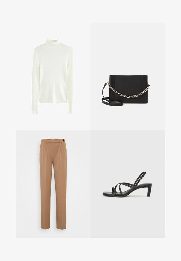Maglione bianco a collo alto con maniche lunghe e silhouette aderente. Texture morbida e design minimale, adatto per il layering.; Pantaloni marroni su misura con gamba dritta, caratterizzati da una chiusura a bottone singolo e un design a pieghe nella parte frontale. Texture liscia, stile minimalista.; Sandalo nero con cinturini, dalla punta squadrata e tacco basso a blocco. Presenta diversi cinturini sottili e una cinturini regolabile alla caviglia. Realizzato in pelle liscia.; Borsa a tracolla nera in pelle con una texture liscia, forma rettangolare e dettaglio in catena metallica sul davanti. Inclusa una tracolla regolabile.