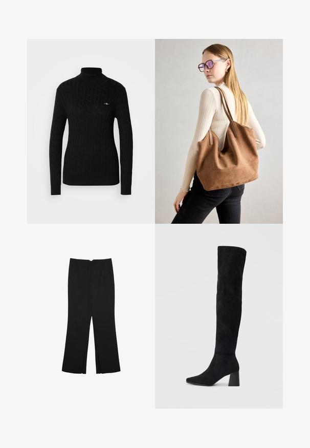 Černý rolák v texturovaném designu s pleteným vzorem. Disponuje dlouhými rukávy a přiléhavým střihem. Malé logo na hrudi.; Černé kalhoty s rovným střihem, s předními kapsami a bočními rozparky na lemu. Vyrobené z jemné, hladké tkaniny. Vhodné na různé příležitosti.; Černé semišové vysoké boty s blokovým podpatkem, špičatou špičkou a hladkým, bezšvovým designem na jednoduchém světlém pozadí.; Hnědá semišová taška přes rameno se soft-touch texturou, velkým otvorem a dlouhými popruhy. Disponuje jednoduchým designem s viditelným šitím a bez kovových prvků.
