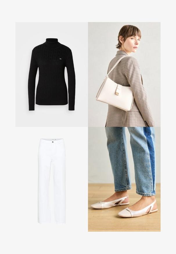 Black turtleneck sweater in a textured cable-knit design. Features long sleeves and a fitted silhouette. Small logo on the chest.; White wide-leg jeans made of denim. Features a button closure and traditional five-pocket design. Smooth texture with a clean finish.; Pale pink slingback flats with a pointed toe, made from a smooth leather-like material. Features cut-out details at the sides and a flat heel.; White leather handbag with a structured design, featuring a magnetic clasp and a shoulder strap, showcased against a neutral background.