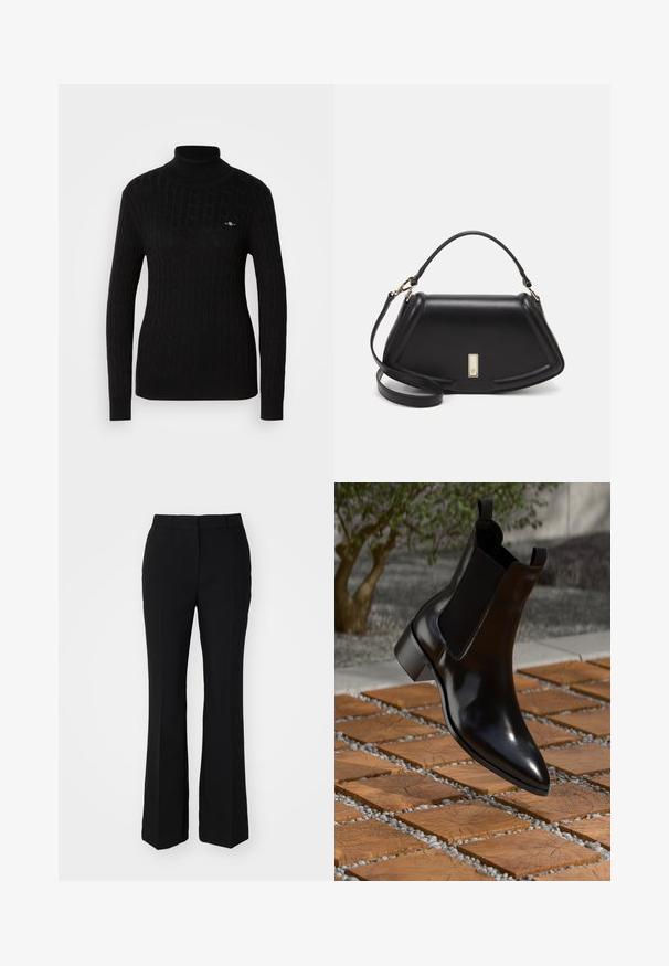 Suéter negro de cuello alto con diseño de trenzado texturizado. Presenta mangas largas y una silueta ajustada. Pequeño logo en el pecho.; Pantalones negros ajustados con forma acampanada. Fabricados en una tela suave que presenta pliegues frontales y una cintura plana. Sin bolsillos visibles.; Bota Chelsea de cuero negro con punta afilada, paneles laterales elásticos y un tacón grueso, descansando sobre una superficie con patrón de piedra y madera.; Bolso de mano de cuero negro con un diseño estructurado, que presenta una forma recortada, asa superior y acentos en dorado. Correa de hombro ajustable incluida.