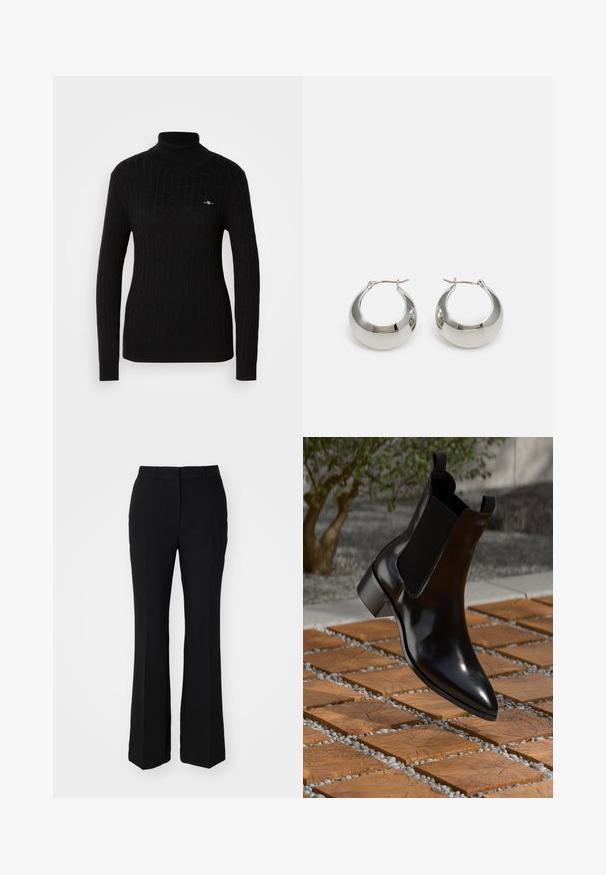 Sort turtleneck sweater i et tekstureret kabelstrik design. Har lange ærmer og en tætsiddende silhuet. Lille logo på brystet.; Sorte skræddersyede bukser med en klokkeformet silhuet. Lavet af glat stof med forreste stikninger og en flad talje. Ingen synlige lommer.; Sort læder Chelsea boot med spids tå, elastiske sidepaneler og en kraftig hæl, hvilende over en overflade med sten- og trædesign.; Sølvfarvede metalørehængere med en glat, skinnende overflade og et struktureret, afrundet design. Udstyret med en hængslet lås for sikker bæring.