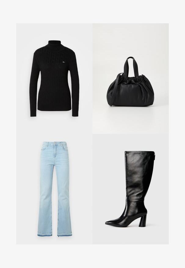 Zwart coltrui in een gestructureerd kabelbreipatroon. Heeft lange mouwen en een aansluitende snit. Klein logo op de borst.; Lichtblauwe klokbroeken van denim, met een hoge taille, voorzakken en een ruwe zoom bij de boorden voor een casual uitstraling.; Zwart leren laars tot de knie met een puntige neus, gladde textuur en een chunky hak. Bevat een ritsdetail aan de achterkant.; Zwarte leren handtas met een geplooid ontwerp aan de bovenkant, voorzien van twee korte handvatten en een lange verstelbare schouderband. Gladde textuur, ronde vorm.