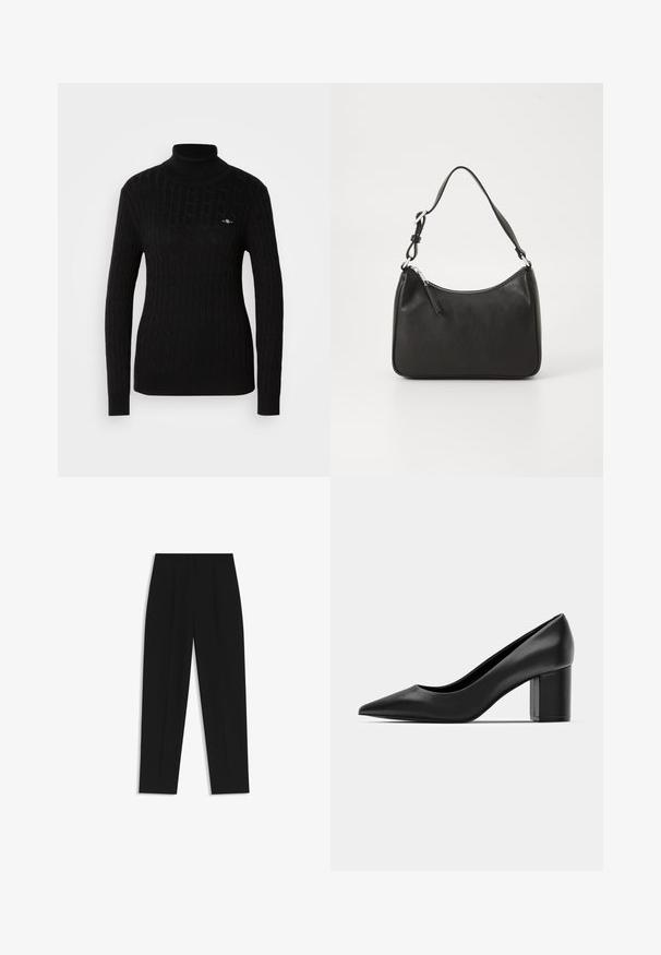 Schwarzer Rollkragenpullover in einem strukturierten Zopfmuster. Mit langen Ärmeln und einer figurnahen Silhouette. Kleines Logo auf der Brust.; Schwarze Hose mit geradem Schnitt, doppelten Falten, einer glatten Textur und einem klassischen Bunddesign. Keine sichtbaren Beschläge oder Akzente.; Schwarze Lederpumps mit spitzem Zehenbereich und einem klobigen quadratischen Absatz. Glatte Textur, einfaches Design, geeignet für formelle Anlässe.; Schwarze Lederhandtasche mit geschwungener Form, einem einzigen Tragegurt, Reißverschlussverschluss und dezentem Branding auf der Vorderseite. Glatte Textur, minimalistisches Design.