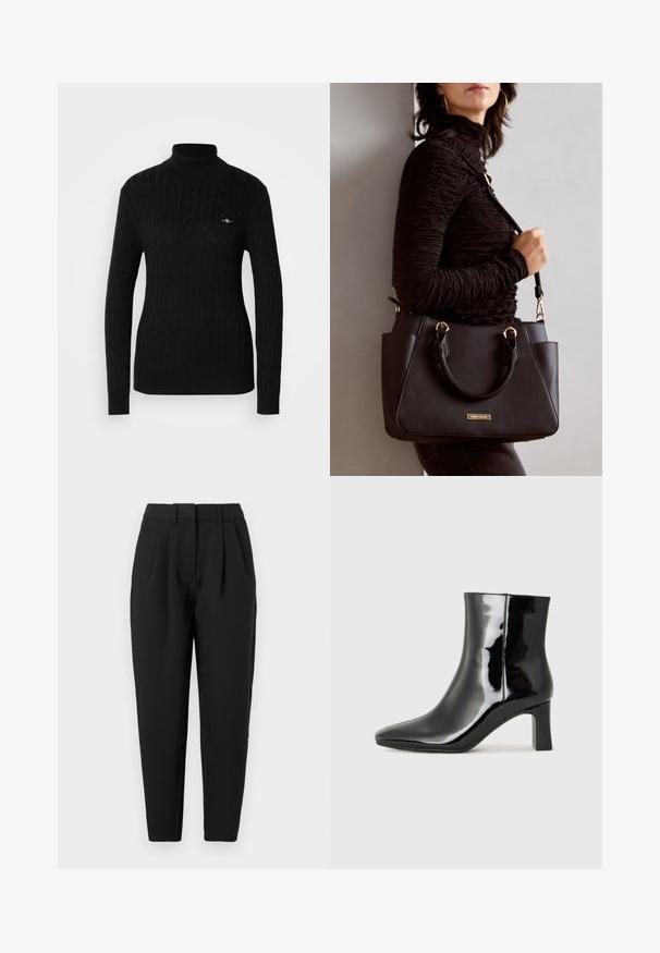 Sweater preto de gola alta com um design de malha torcido texturizado. Apresenta mangas longas e uma silhueta ajustada. Pequeno logótipo no peito.; Calças pretas com um corte reto, apresentando pregas na frente, uma textura suave e bolsinhos laterais. A cintura tem altura padrão.; Botim de tornozelo em pele sintética preta com bico apontado e salto bloco de altura média. Textura suave e design minimalista.; Bolsa preta com superfície texturizada, alças superiores duplas e alça de ombro ajustável. Apresenta ferragens em tom dourado e bolsos laterais.